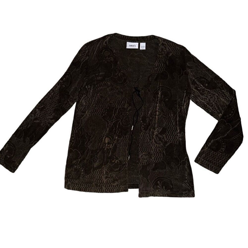 CHICO’S TRAVELERS Green Floral Knit Tied Cardigan Size 1 (S)